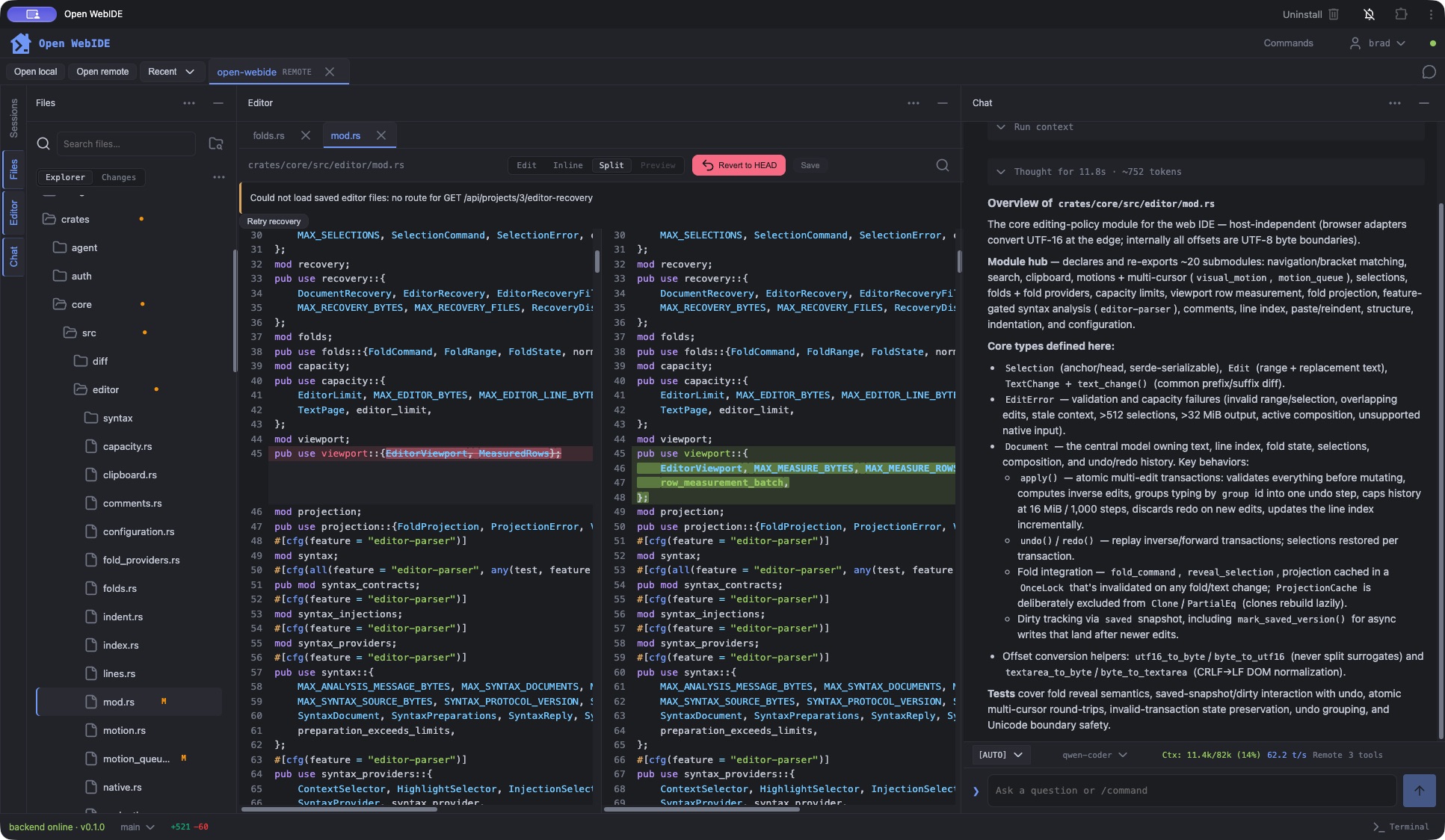 Open WebIDE running as an installed PWA, with a project file tree, split code diff, and model chat